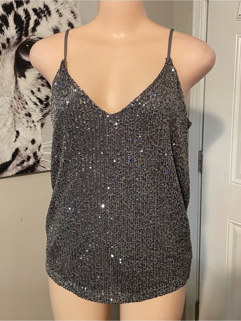 Calvin Klein Sequin Shimmer VNeck Spagetti strap camisole blouse top silver S